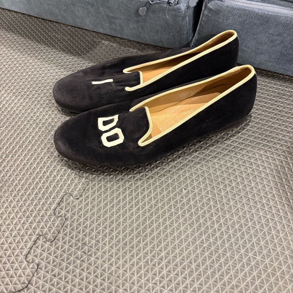 Stubbs & Wootton Black Velvet Loafers with Cream Trim